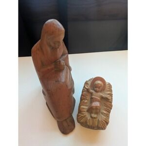 Vintage Wooden Nativity Scene and Baby Jesus Hand Carved 2 Piece Set